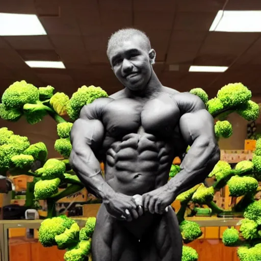 Prompt: a posing bodybuilder sculpture made entirely from broccoli