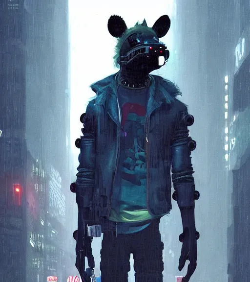 Image similar to new york city portrait of furry anthro anthropomorphic spotted hyena head animal person fursona wearing clothes strange cybernetic muzzle gloomy rainy screenshot from the video game cyberpunk 2077 digital art by Greg Rutkowski, Simon Stalenhag, christopher nolan trending on Artstation, CGSociety