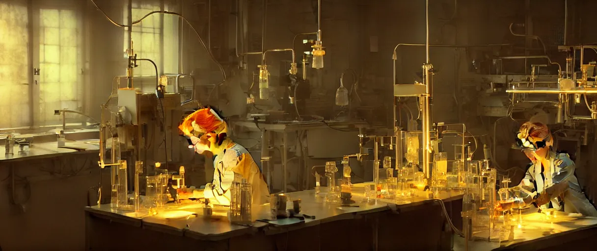 Prompt: portrait of marie curie extracting radium in laboratory - cinematic volumetric lighting - art, by wlop, james jean, victo ngai! muted colors, very detailed, art fantasy by craig mullins, thomas kinkade cfg _ scale 8