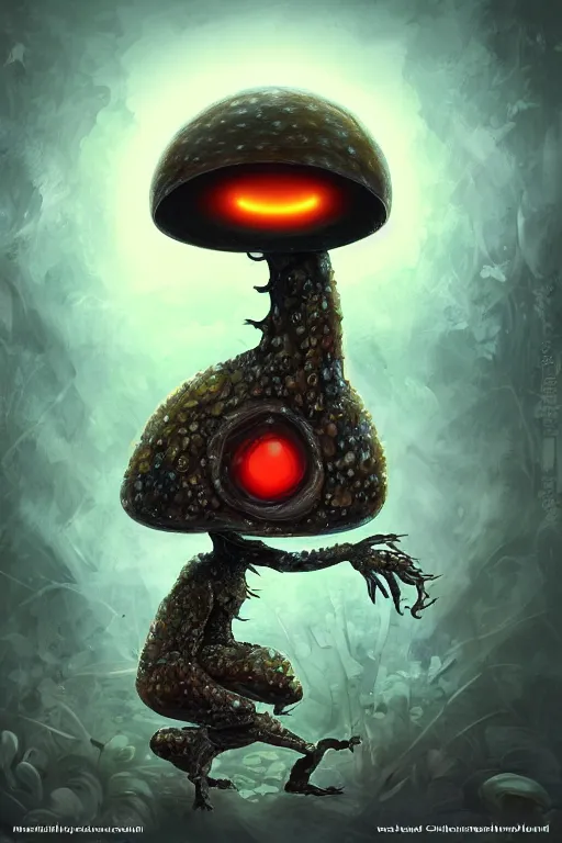 Image similar to a humanoid figure mushroom monster with large amber eyes, highly detailed, digital art, sharp focus, trending on art station, plant, anime art style
