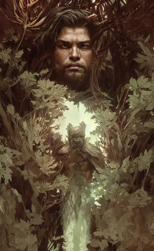 Image similar to Furious god of the forest, male, gorgeous, detailed face, clear face, amazing, muscular, intricate, highly detailed, digital painting, artstation, concept art, sharp focus, illustration, art by greg rutkowski and alphonse mucha