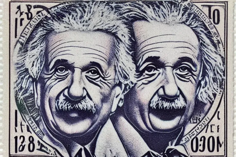 Prompt: engraved postage stamp of albert einstein with theory of relativity, detailed!!! color engraving in the style of a postage stamp, fine!!! lines