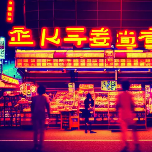 Image similar to japanese market in cyberpunk style with droids, bright neon signs, sunny weather, rendered in octane 4 k, dramatic moody lighting