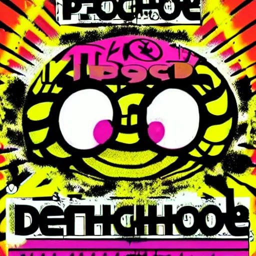 Image similar to psychedelic 1980s uk rave flyer, acid house, smiley face