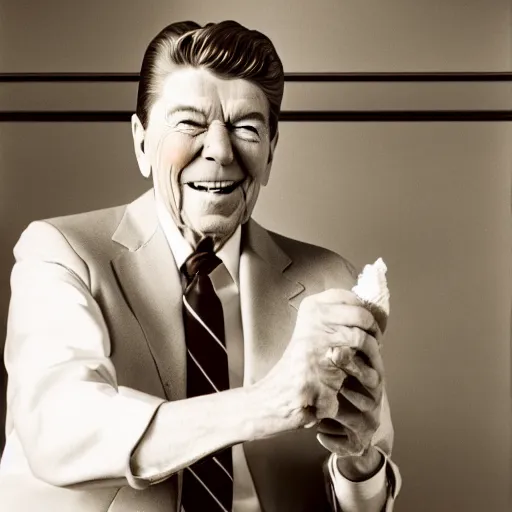 Image similar to ronald reagan enjoying an ice cream cone, monochrome 4 k