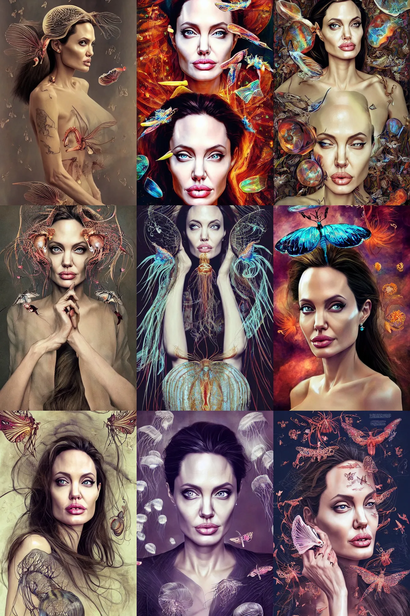 Prompt: Angelina Jolie looking dazed with jellyfish butterfly phoenix head, intricate artwork by Tooth Wu and WLOP, coherent symmetrical artwork, cinematic