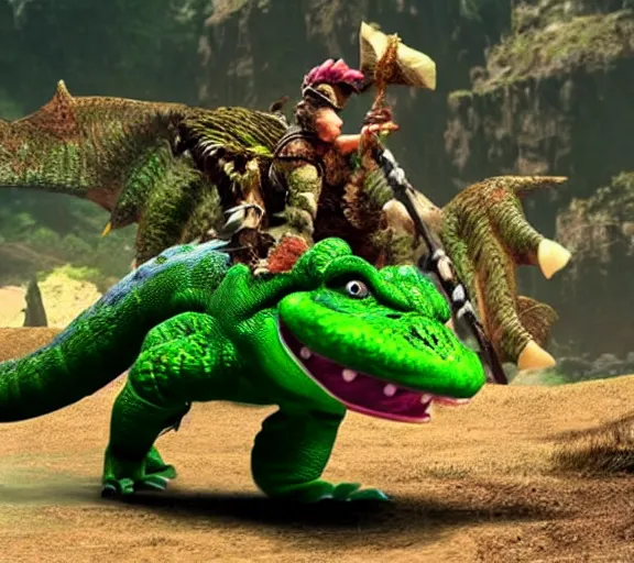 Image similar to yoshi in monster hunter, green dinosaur