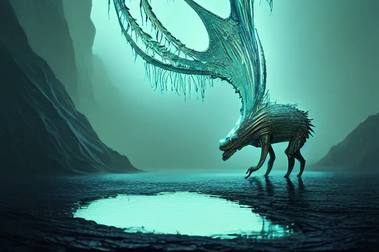 Image similar to creature in a alaska, water reflection, backlit, warm tones, bioluminescent bioluminescent translucent translucent : : by michal karcz, daniel merriam, victo ngai and guillermo del toro : : ornate, dynamic, particulate, intricate, elegant, highly detailed, centered, artstation, smooth, sharp focus, octane render, 3 d