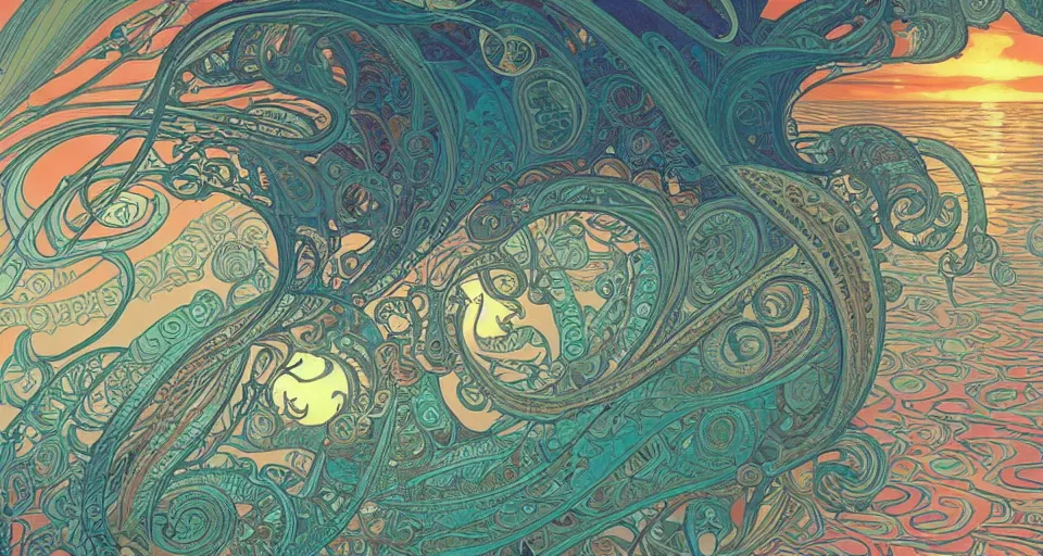 Prompt: terrifying psychedelic ⛈ ocean 🌊, paisley pattern, sailboat ⛵, backlit, sunset, refracted lighting, outdoors, paisley pattern, elegant, 8 k resolution, intricate and fine details, digital painting, artstation, illustration, psychedelic ocean art, krenz cushart, alphonse mucha