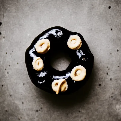 Image similar to a 30 mm photo of a doughnut that looks like Darth Vader