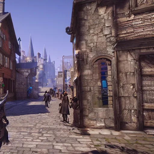 Image similar to detailed medieval fantasy streets with people walking around, unreal engine 5 rendered, incredibly highly detailed and realistic, 8 k, sharp focus, studio quality