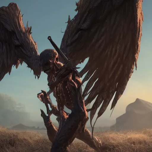 Prompt: cinematography picture of monster with angel wings and human skin, no eyes, long jaw, holding a spear, 8k, unreal engine 5, ps5, hyperrealistic, artstation, higly detailed