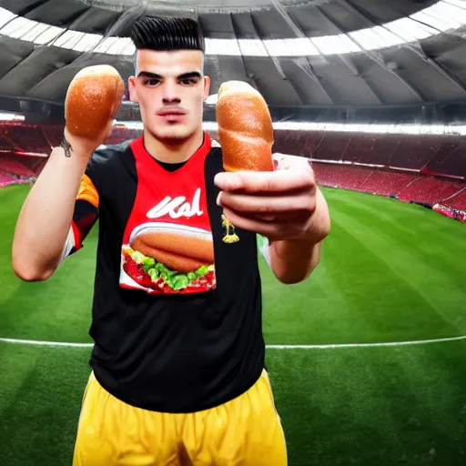 Image similar to a promo portrait of granit xhaka holding a delicious hot dog with mustard and ketchup up to the camera, happy, hyper detailed, fisheye lense, reuters