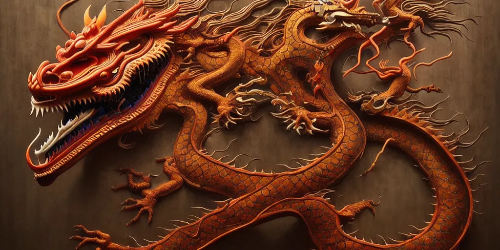 Image similar to a Chinese dragon art by Daniel Dos Santos, Beksinski, Giger, intricate colourfully painted carved wood paneling, lighting, ivory and copper , artstation