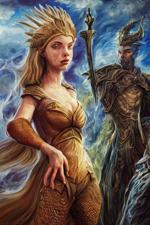 Image similar to A fantasy comic book style, portrait painting of hybrid Anya Taylor-Joy, and Cory Chase as a youthful Atlantean, Reptilian Warrior, Mystical Valkyrie, Modest light Armor, Sword, Sheild, Spear, François Boucher, Oil Painting, unreal 5, DAZ, hyper-realistic, Photorealistic, octane render, Regal, Refined, Coherent, Detailed Digital Art, RPG portrait, William-Adolphe Bouguereau, Michael Cheval, Walt Disney (1937), Steampunk, Hieronymus Bosch, Golden dappled dynamic lighting, Highly Detailed, Theophanic atmosphere, Cinematic Lighting, Unreal Engine, 8k, HD