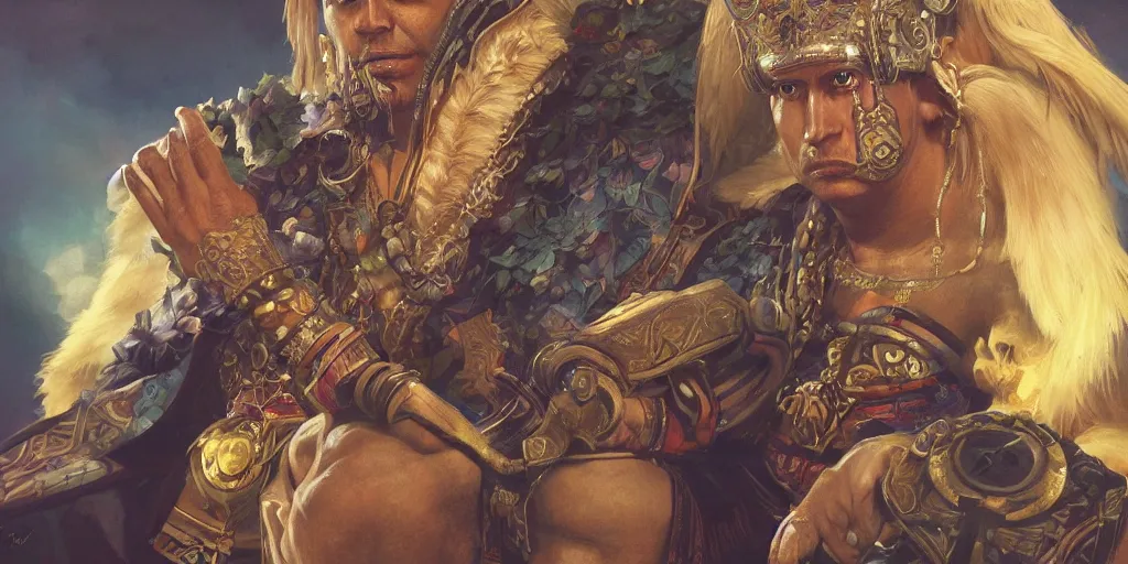 Image similar to male inca emperor, deep focus, intricate, elegant, highly detailed, photorealistic rendering, sharp focus, illustration, hearthstone, art by artgerm and greg rutkowski and alphonse mucha