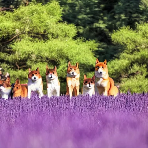 Image similar to A group of Shiba Inus in Purple Lavender field, 8k UHD, Nature photography, high detail, High quality, stunning lighting, beautiful lighting,