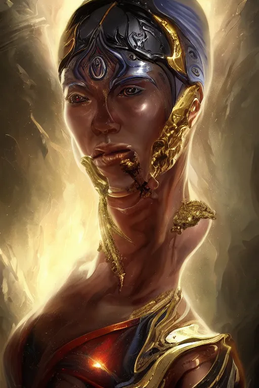 Prompt: fantasy character concept portrait, digital painting, wallpaper of a female seer cyborg, with skin of obsidian and skin of marble, with veins of magma and gold, renaissance nimbus overhead, by aleksi briclot, by laura zalenga, by alexander holllow fedosav, 8 k dop dof hdr, vibrant