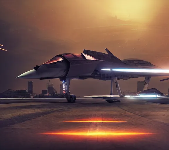 Image similar to fighter pilot stands beside futuristic sci fi fighter jet landed at runway of cyberpunk city, night photo ,dark cinematic lighting , digital concept art