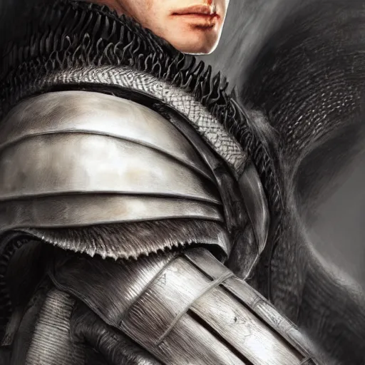 Image similar to photorealistic portrait of guts from berserk extremely detailed, made by wlop and maxwell boas