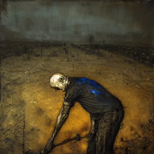 Image similar to one man in a cemetery digging up a dead body, by nicola samori, painting, 8 k, high detail, medium blue, orange, and dark green tones, high quality, sad feeling, high detail, dark colors, sinister atmosphere, dramatic lighting, cinematic, establishing shot, extremely high detail, photo realistic, cinematic lighting