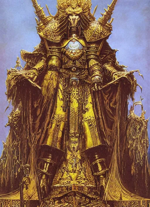 Image similar to omnious academic drawing of wh40k lichified but still regal Emperor of Mankind on his enormous golden throne by James Gurney, Beksinski and Alex Gray