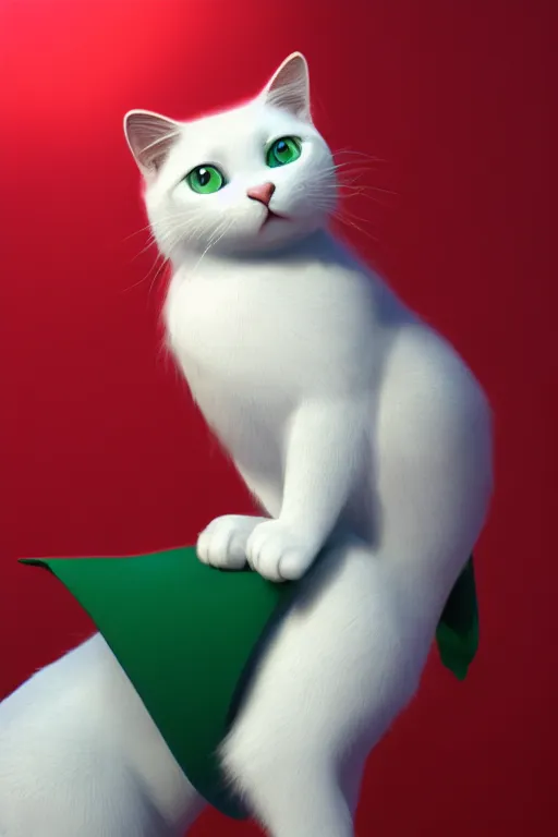 Image similar to a white cat with blue eyes wearing a red and green formal overcoat, hyperrealistic, concept art, octane render, unreal engine 5, realistic and defined face, profile picture, digital art, pixar and disney style, symmetrical, high quality, highly detailed, high coherence, path traced, house background, low contrast, beautiful