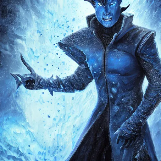 Prompt: a blue tiefling man wearing dark cloths frozen in ice and being shattering into a million pieces, action, cracked, destroyed, by Tony Sart, detailed, realistic, masterpiece, symmetrical