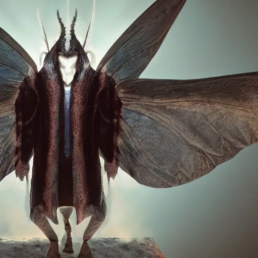 Prompt: 4K headshot of mothman with a mushroom hat and rouch clothes with giant wings , intricate face , flawless anime cel animation , professionally post-processed , beautiful, scary, symmetry accurate features, epic, octane rendered, anime masterpiece, accurate
