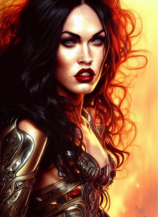 Image similar to portrait of megan fox as kiss, heavy metal, hell, intricate, headshot, highly detailed, digital painting, artstation, concept art, sharp focus, cinematic lighting, illustration, art by artgerm and greg rutkowski, alphonse mucha, cgsociety