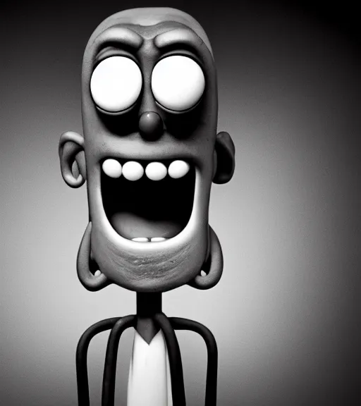 Image similar to professional photograph of a portrait of Mr Meeseek from Rick and Morty, black and white, studio lighting, highly detailed