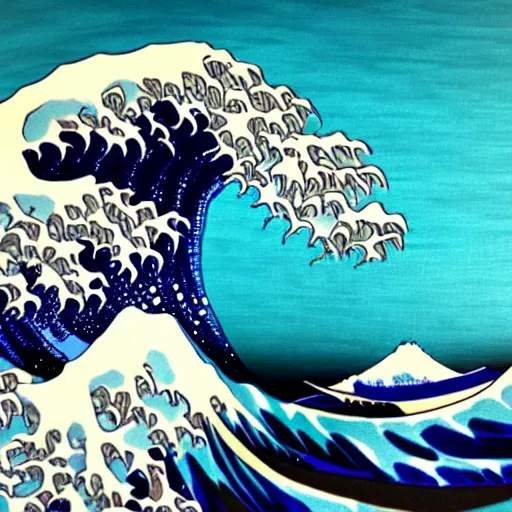 Image similar to Hokusai wave, but a paint pour in synthwave colors