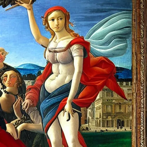 Prompt: a masterpiece painting from botticelli exposed at the louvre : marianne the symbol of liberty in french guiding the french revolution, crips details, featured in artscape n - 9