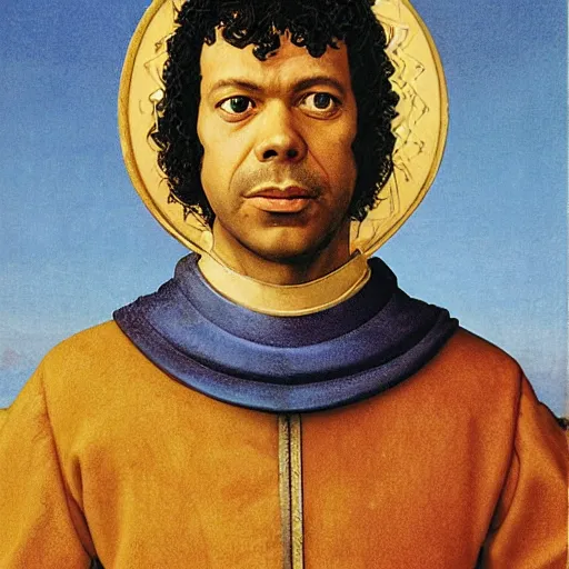 Image similar to portrait of Richard Ayoade as a medieval Byzantine exarch, by Angus McBride, Gentile Bellini, Piero della Francesca, and Annie Leibovitz. HD face portrait.