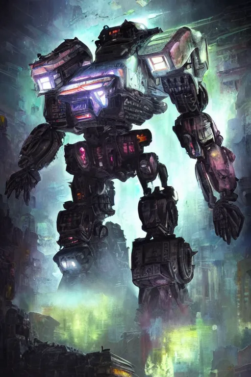 Image similar to ink acid shadow mech warrior, painted by erol otus and david thierree and dan adkins and john berkey, trending on artstation, volumetric lighting macro view muted colors, iridescent colors, dark academia, symbolism, brushwork