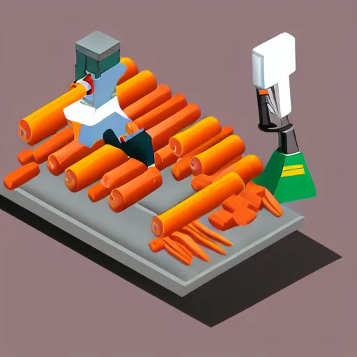 Prompt: Isometric Illustration of a Robot harvesting carrots, white background