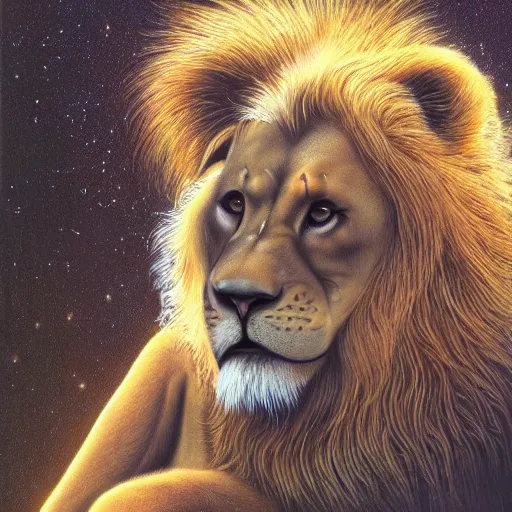 Image similar to an anthropomorphic lion by jim burns, james gurney, and david a. hardy