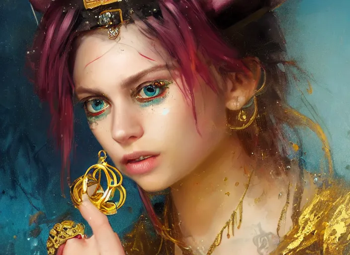 Image similar to full body picture of a pirate girl, hard breathing, messy hair, very excited, sparkling eyes, front of the treasure box, jewels and gold on the background, coveted, beautiful and aesthetic and attractive and detailed face, specular reflection, occlusion shadow, intricate, bokeh, masterpiece, by ilya kuvshinov and jeremy lipking and quentin mabille