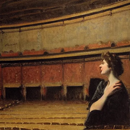 Image similar to an actress on stage in an old theater, only a single visitor in the audience, by alfred stevens