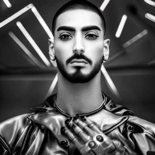 Image similar to “a realistic detailed photo of a guy who is an attractive humanoid who is half robot and half humanoid, who is a male android, singer Maluma, shiny skin, posing like a statue, blank stare”