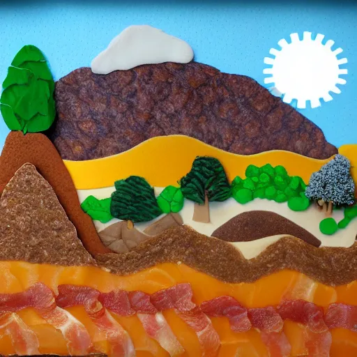 Prompt: landscape made out of breakfast foods. oatmeal mountains, orange juice river, bacon trees. photorealistic, tilt shift effect, 3 5 mm