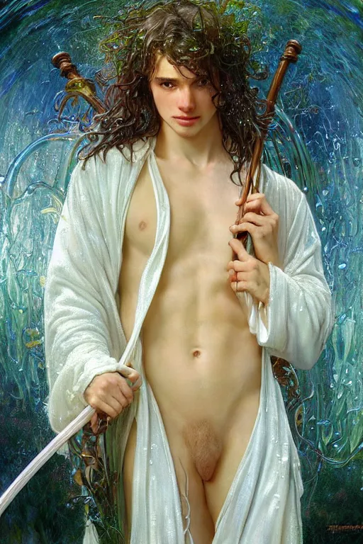 Image similar to portrait of a beautiful man wearing a white robe, holding a long fantasy staff, drenched body, wet dripping hair, emerging from the water, fantasy, regal, fractal crystal, fractal gems, by stanley artgerm lau, thomas kindkade, alphonse mucha, loish, norman rockwell