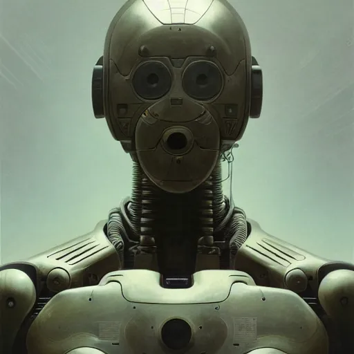 Image similar to detailed character concept art portrait of a detailed and hi - tech robot in an empty chamber, artstation, award - winning realistic sci - fi concept art by zdzisław beksinski and greg rutkowski, jim burns, a realism masterpiece, james gilleard, bruegel, alphonse mucha, and yoshitaka amano