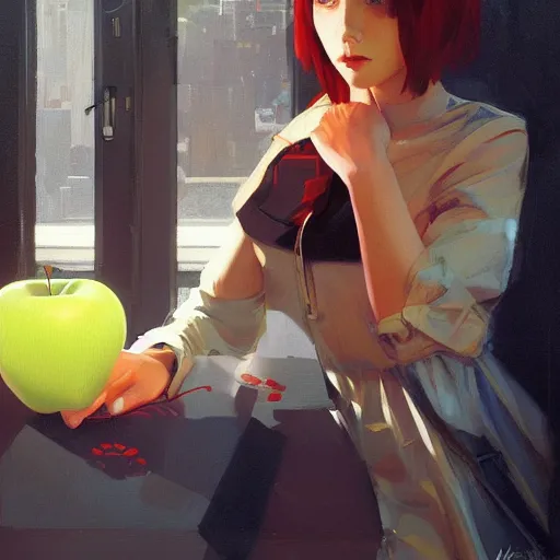 Prompt: hacker girl sits at an apple ] [ e, realistic shaded lighting poster by ilya kuvshinov katsuhiro otomo, magali villeneuve, artgerm, jeremy lipkin and michael garmash and rob rey