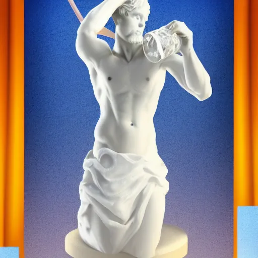 Image similar to a white reneissance statue holding a coctail, medium shot, colorful coctail, digital painting, cgi render