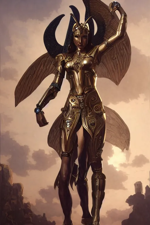 Image similar to Mystical Atlantean Cyborg, Regal, Realistic, Refined, full portrait of a beautiful female Anubis Valkyrie Warrior, Detailed Digital Art, Oil Painting, William-Adolphe Bouguereau, Steampunk, Walt Disney (1937), dynamic lighting, very beautiful, character illustration by Art Frahm, François Boucher, Highly Detailed, Cinematic Lighting, Unreal Engine, 8k, HD