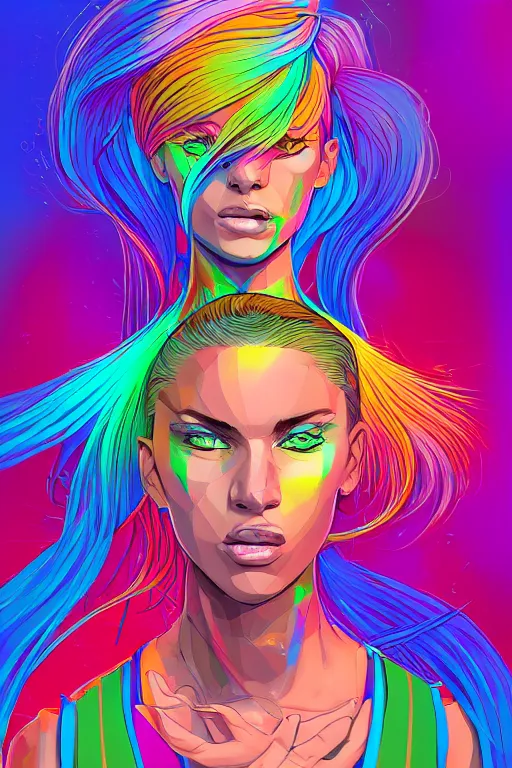 Image similar to a award winning half body portrait of a beautiful woman with stunning eyes in a printed croptop and cargo pants with rainbow colored ombre hairstyle head in motion and hair flying by josan gonzales, outrun, vaporware, shaded flat illustration, digital art, trending on artstation, highly detailed, fine detail, intricate