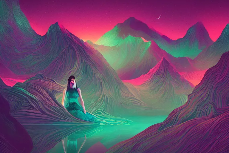 Image similar to wide wide photo of very beautiful woman (((dynamic lighting)) in chromatic dmt fractal lake with glowing birds, mountains, elegant, highly detailed, sharp focus, illustration, beautiful, geometric, trending on artstation, cinematic, artwork by WLOP