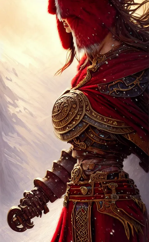 Image similar to crimson viking warrior, regal, elegant, winter, snow, beautiful, stunning, hd, illustration, epic, d & d, fantasy, intricate, elegant, highly detailed, wide angle, digital painting, artstation, concept art, smooth, sharp focus, illustration, wallpaper, art by artgerm and greg rutkowski and alphonse mucha and jin xiaodi