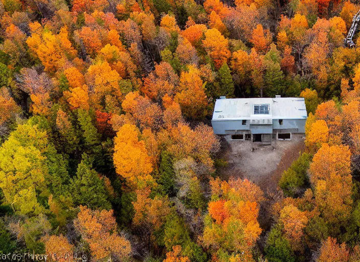 Image similar to low drone shot of a ranch style Juvenile Detention Center middle of the Woods during autumn